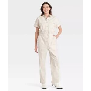 Universal Thread Women's Short Sleeve Linen Boilersuit Jumpsuit Ivory Cream 10‎